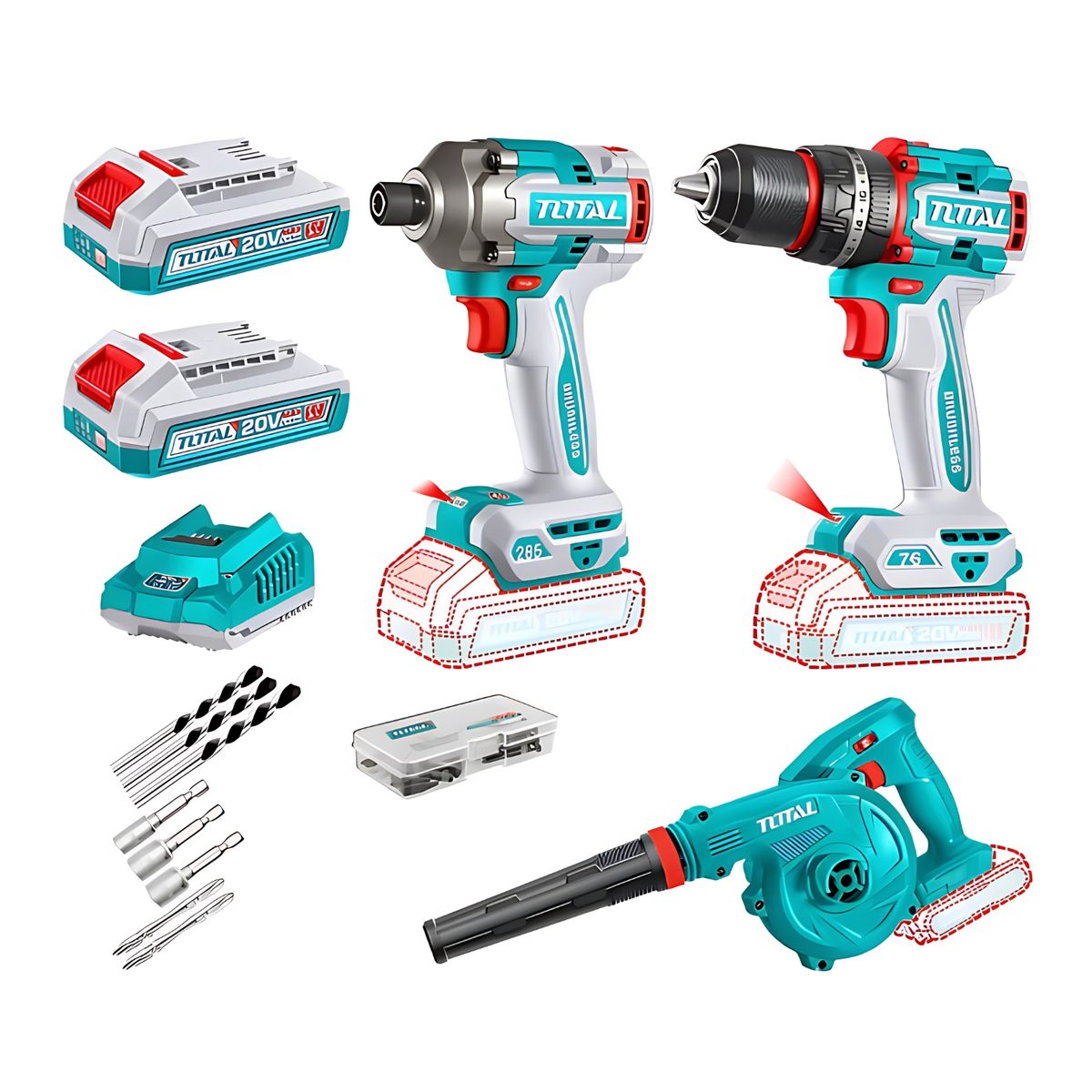 TOTAL TOOLS - Combo Taladro 76Nm + Atornillador de Impacto 285Nm + Sopladora 20V Total