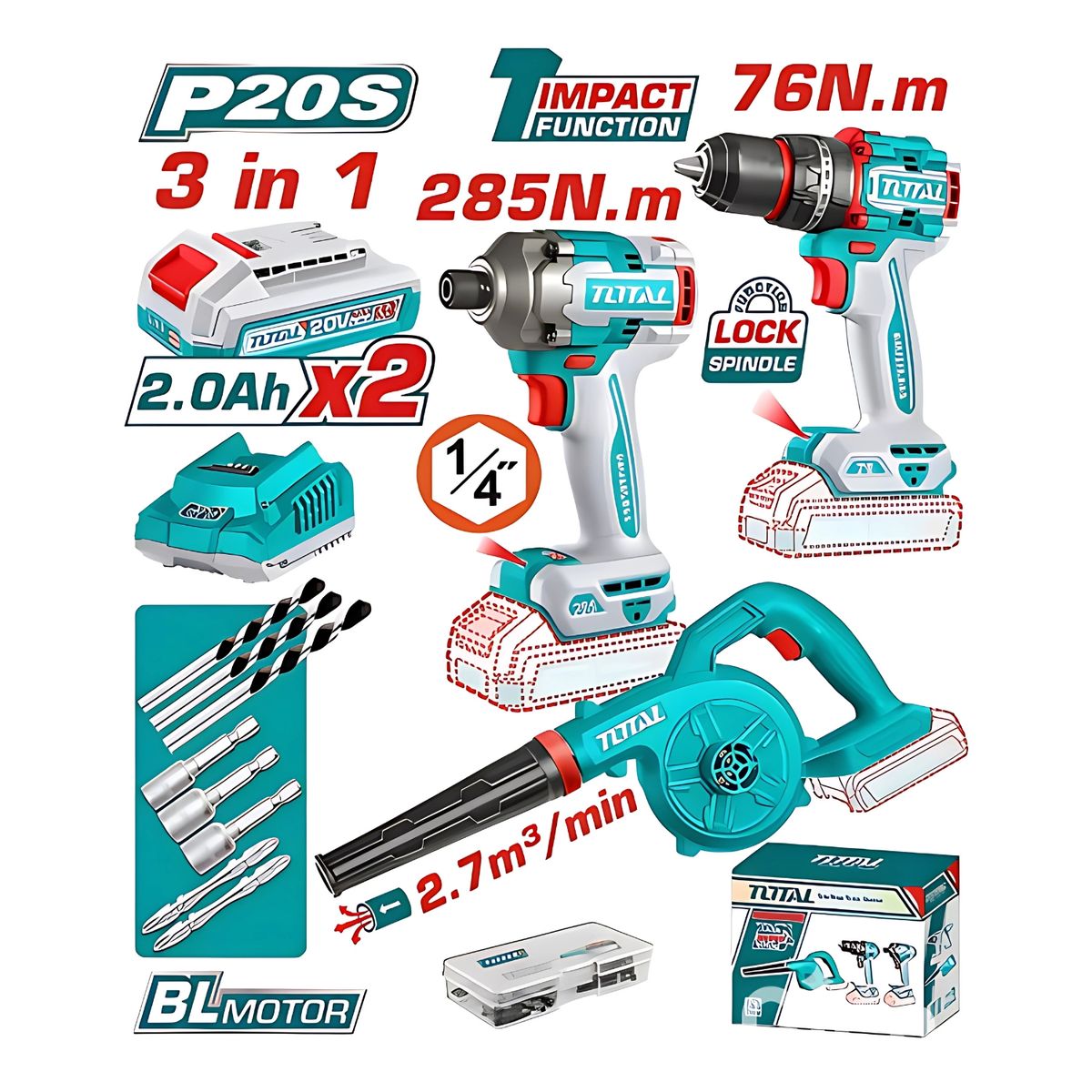 TOTAL TOOLS - Combo Taladro 76Nm + Atornillador de Impacto 285Nm + Sopladora 20V Total