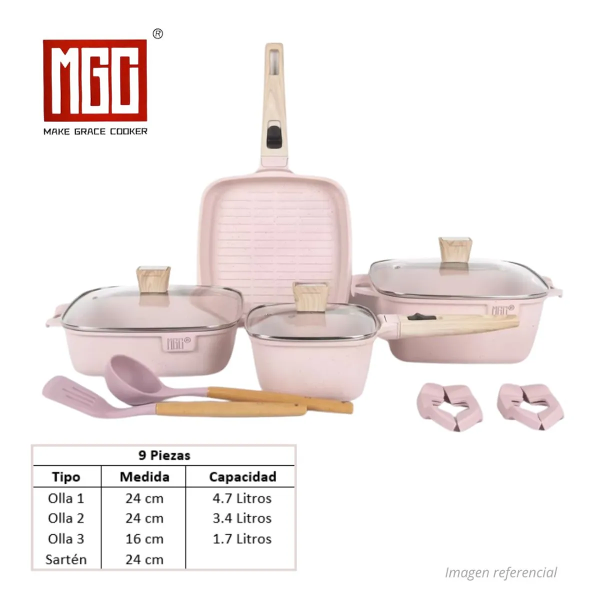 OEM - JUEGO DE OLLAS MGC DE 9 PIEZAS ROCA VOLCANICA PINK