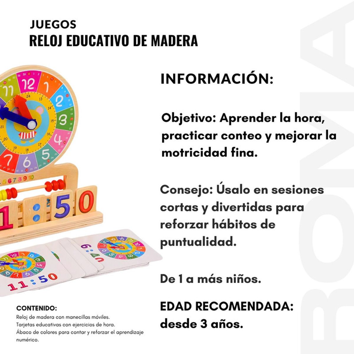 GENERICO - RELOJ Y HORARIO EDUCATIVO DE MADERA - JUEGO DIDÁTICO