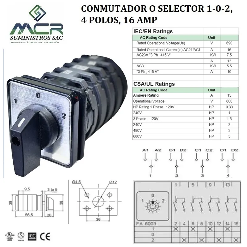 GENERICO - CONMUTADOR O SELECTOR 1-0-2, 4 POLO, 16AMP