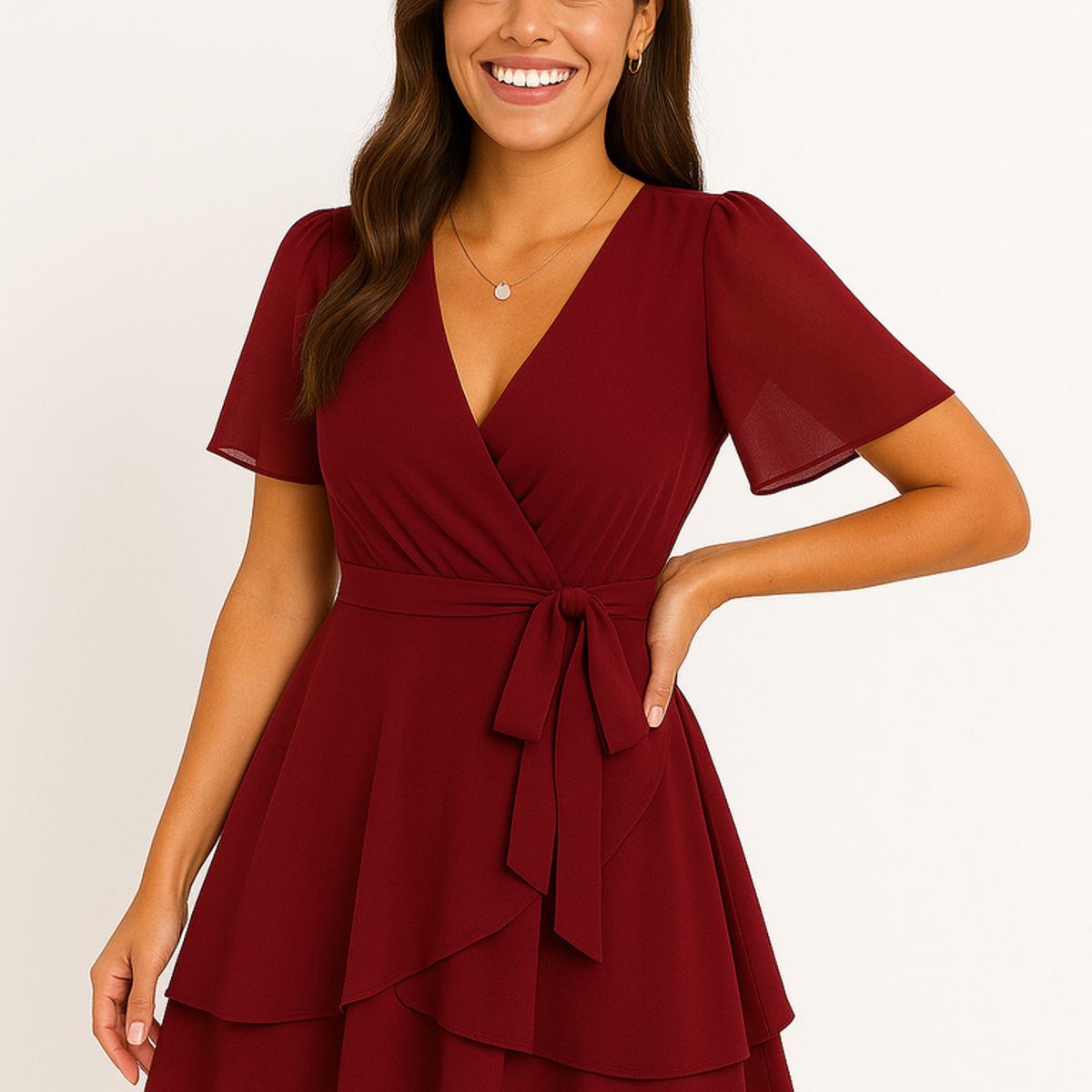 GENERICO - Vestido coctel rojo vino con lazo