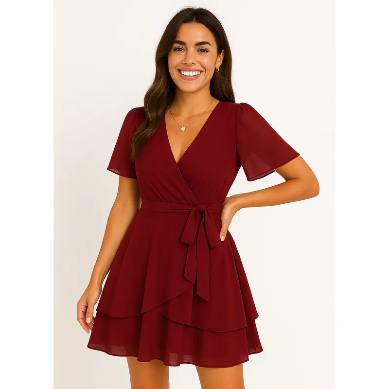 GENERICO - Vestido coctel rojo vino con lazo