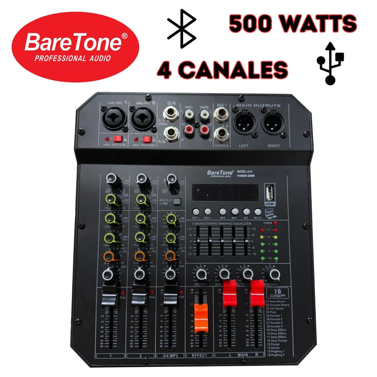 BARETONE - Mezcladora Amplificada Baretone AJ4 500W 04 canales Interfaz AD-DA USB