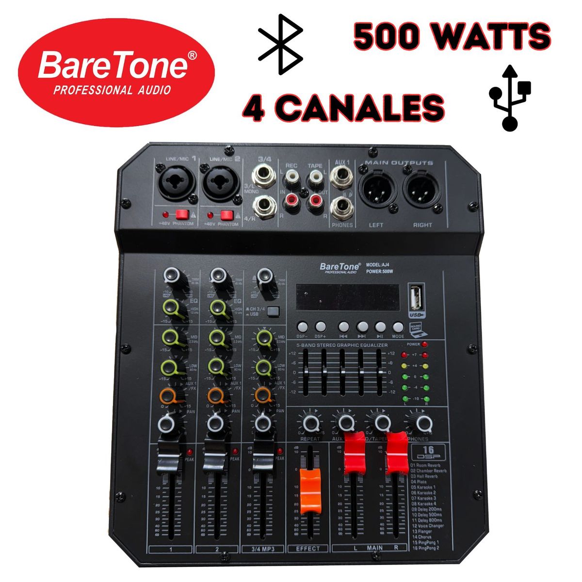 BARETONE - Mezcladora Amplificada Baretone AJ4 500W 04 canales Interfaz AD-DA USB