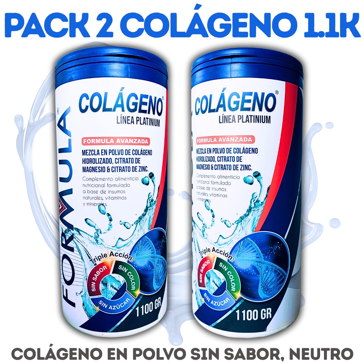 GENERICO - Pack 2 Frascos de 1Kg 100gr Colágeno Hidrolizado Sin Sabor Neutro