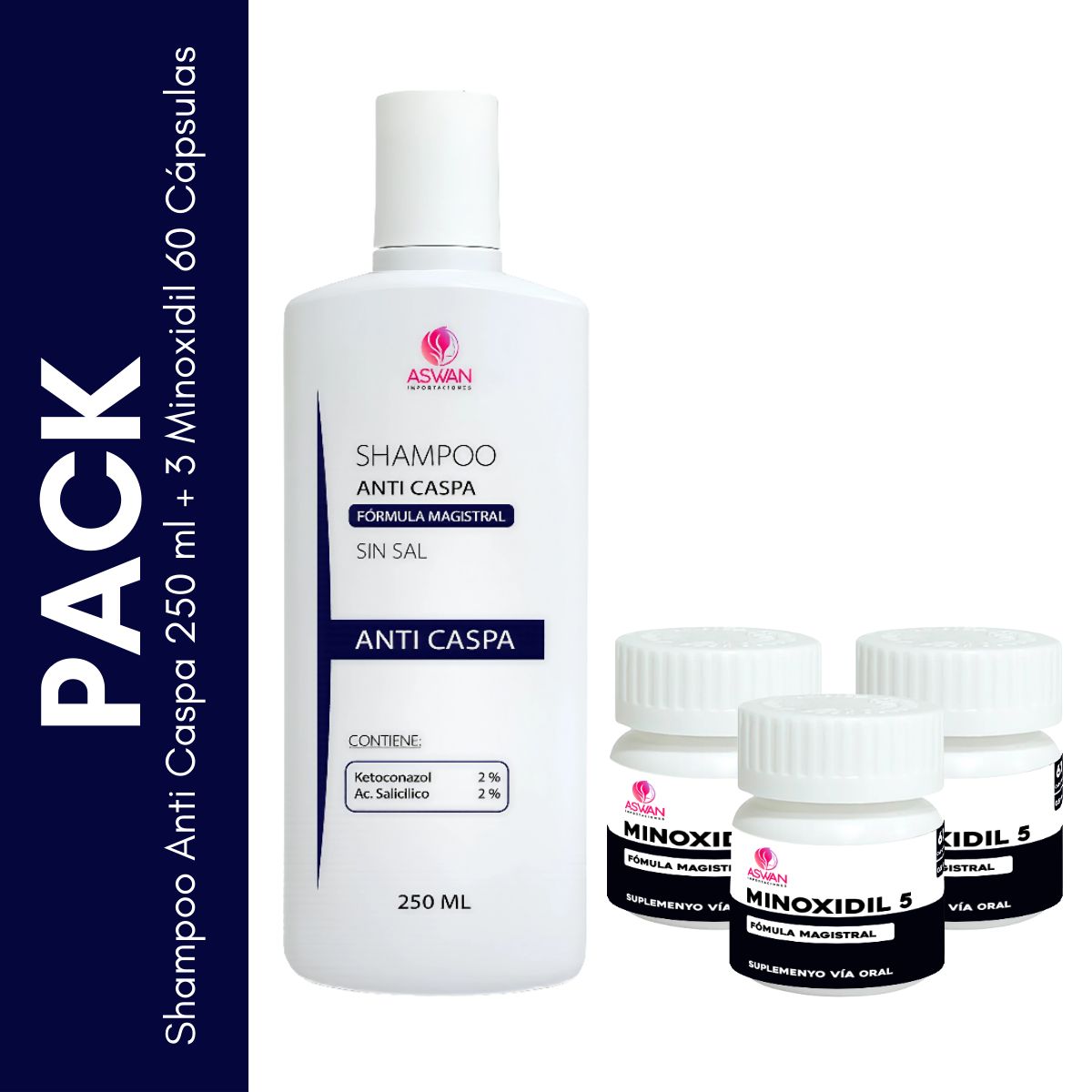 GENERICO - Pack Shampoo Anti Caspa 250 ml + 3 Minoxidil 60 Cápsulas