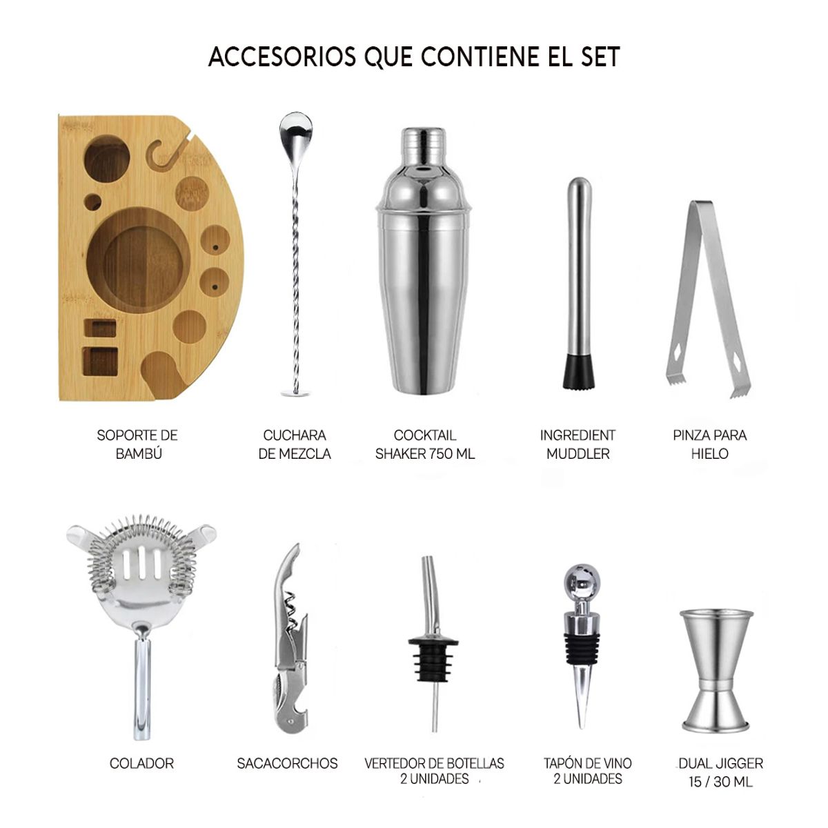 GENERICO - Set de Bar Premium Deluxe x 12 Piezas de Acero Inoxidable