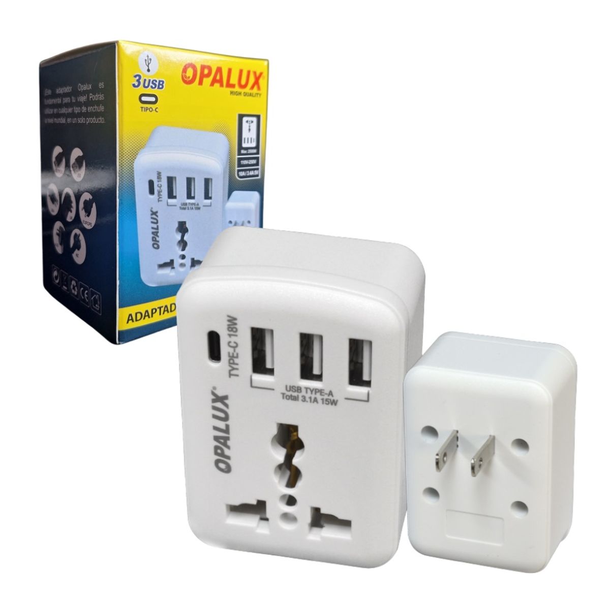 OPALUX - Adaptador Enchufe Multiple 3Usb Tipo A + Tipo C OPALUX OP-225A