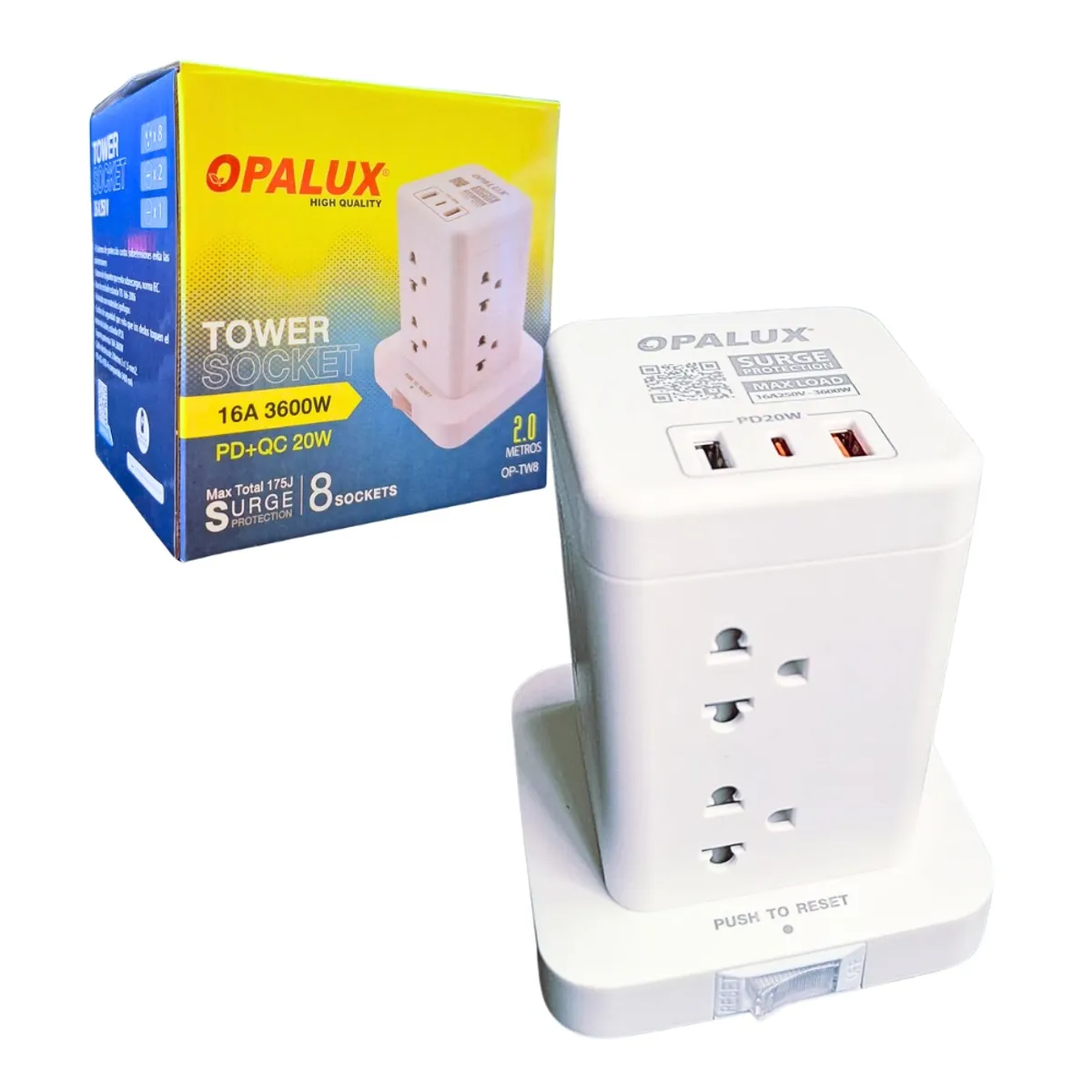 OPALUX - Adaptador tipo Torre de 8 tomas 2 Usb Tipo A + Tipo C Opalux OP-TW8