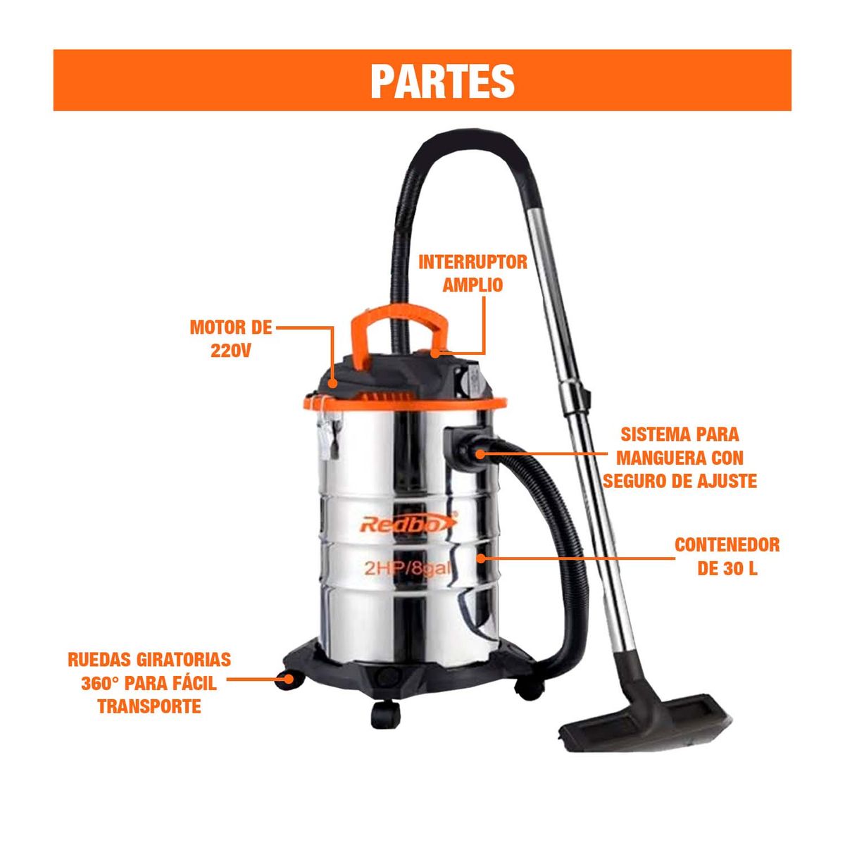 REDBO - Aspiradora Seco / Mojado 30 Litros 2hp 4m Acero Inoxidable