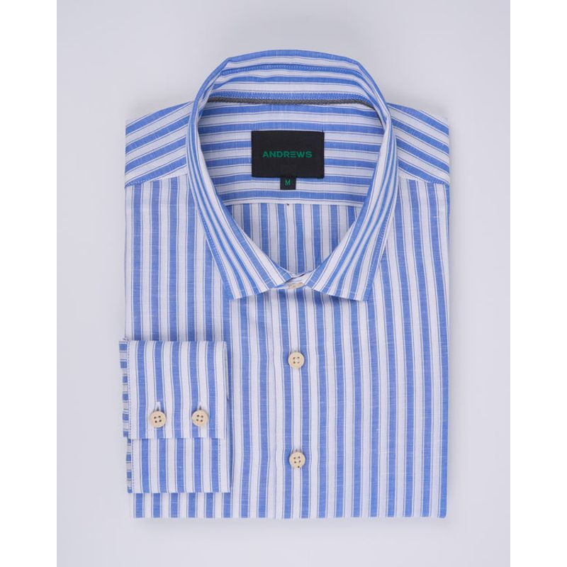 ANDREW'S TIES - Camisa Casual de Lino - Azulino con rayas
