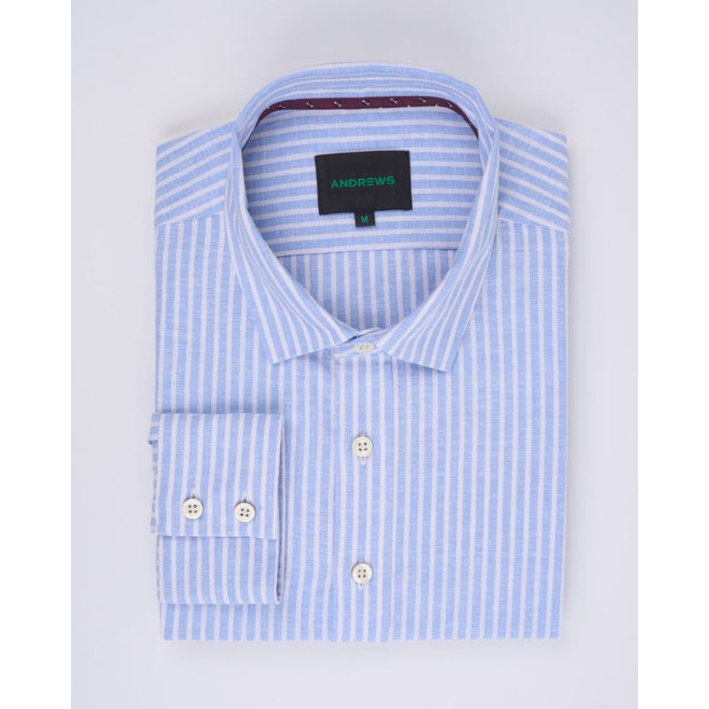 ANDREW'S TIES - Camisa Casual de Lino - Celeste rayas