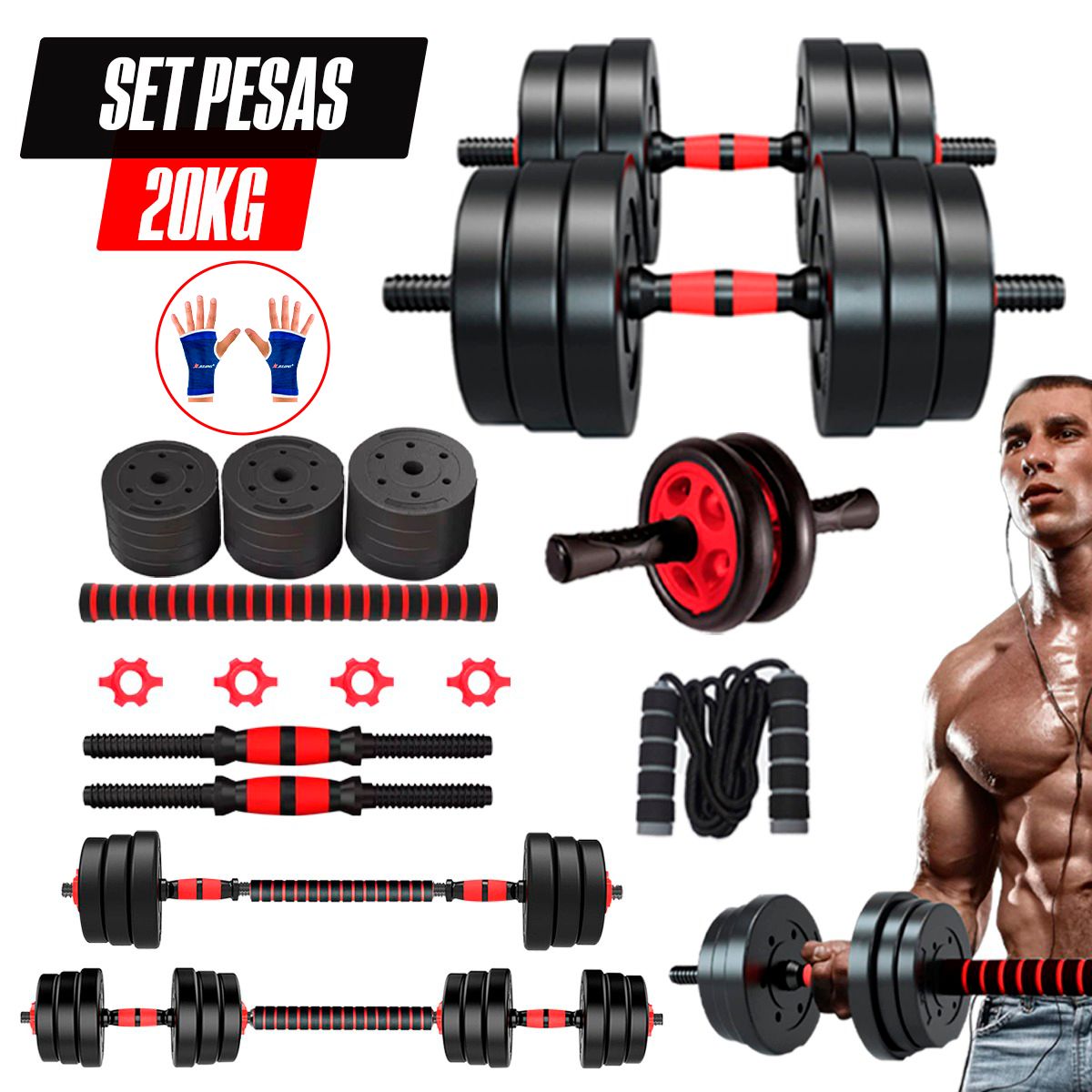 GENERICO - Set Pesas Convertible 20kg Importado Salta Soga + Rueda Ab + guantes
