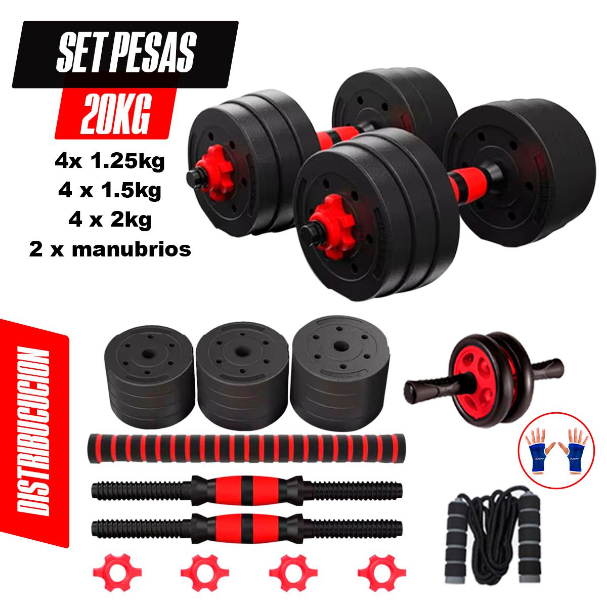 GENERICO - Set Pesas Convertible 20kg Importado Salta Soga + Rueda Ab + guantes