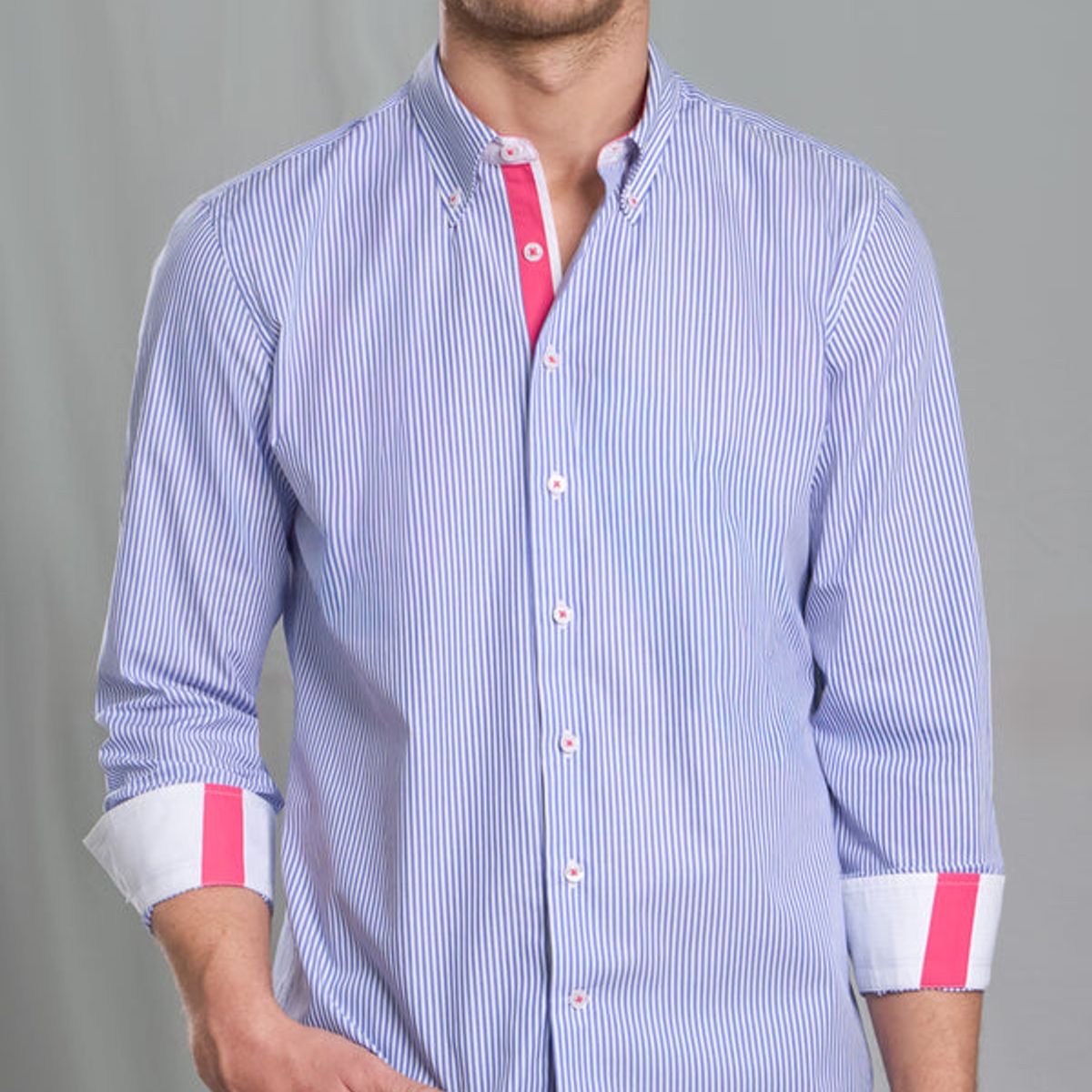 ANDREW'S TIES - Camisa Casual A Rayas Azul con detalle Fucsia
