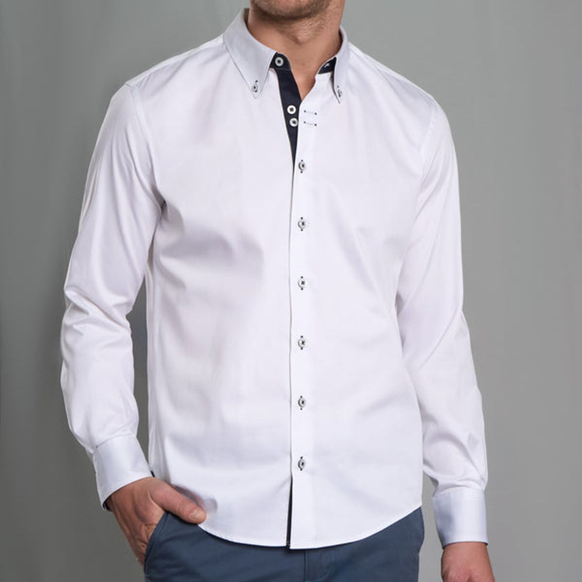 ANDREW'S TIES - Camisa Casual Satinada - Blanco con detalle Azul