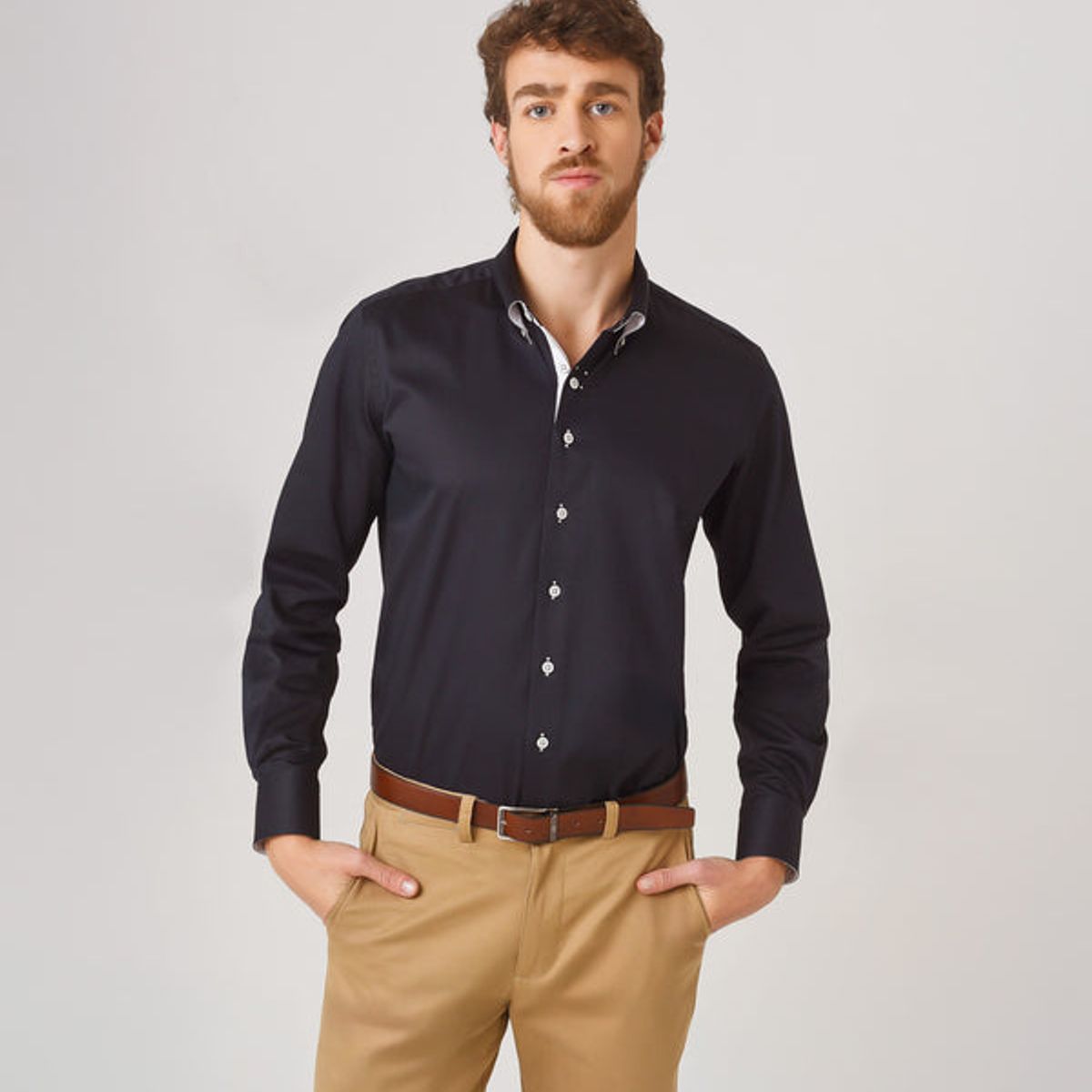 ANDREW'S TIES - Camisa Casual Satinada - Azul con detalles Blancos