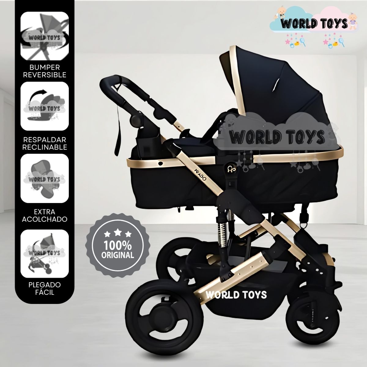 BABY - Coche Cuna Moisés de Lujo «PRADO GOLD» Black