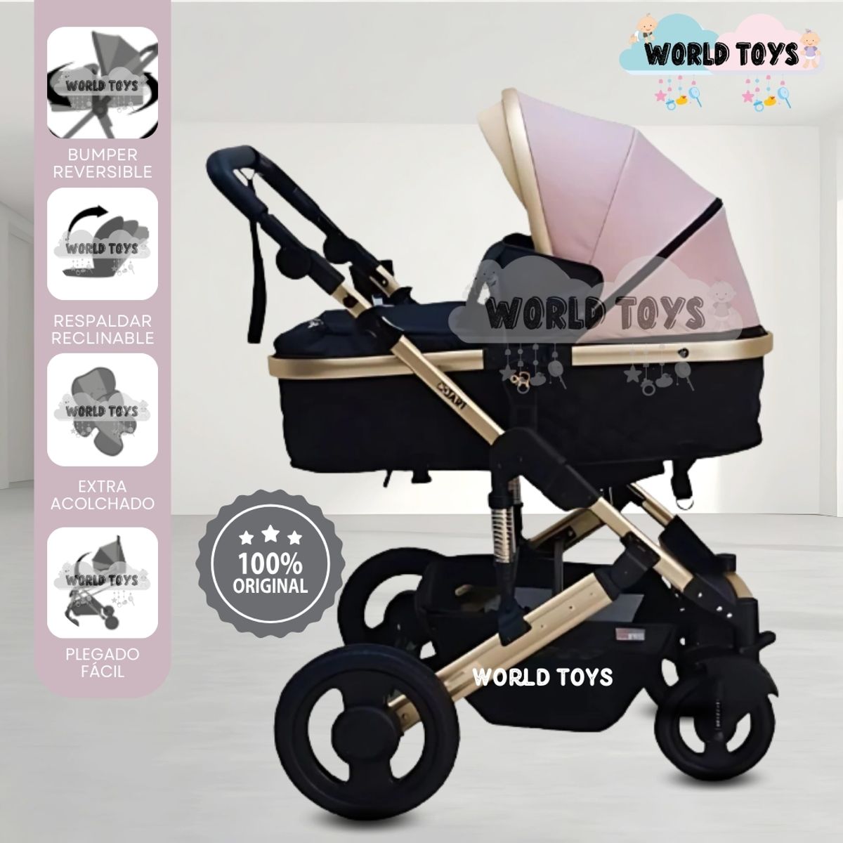 Baby - Coche Cuna Moisés de Lujo «PRADO GOLD» Pink