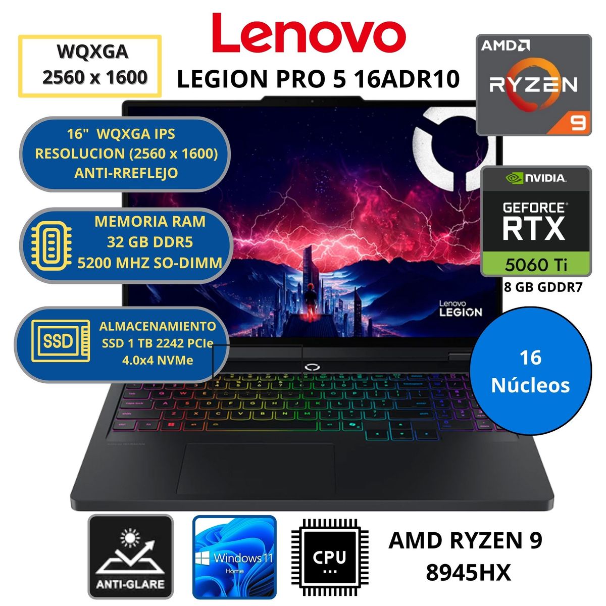 LENOVO - Laptop Lenovo AMD RYZEN 9 (LEGION PRO 5 16ADR10) RAM 32GB SSD 1TB NVIDIA GEFORCE RTX 5060 16" WQXGA