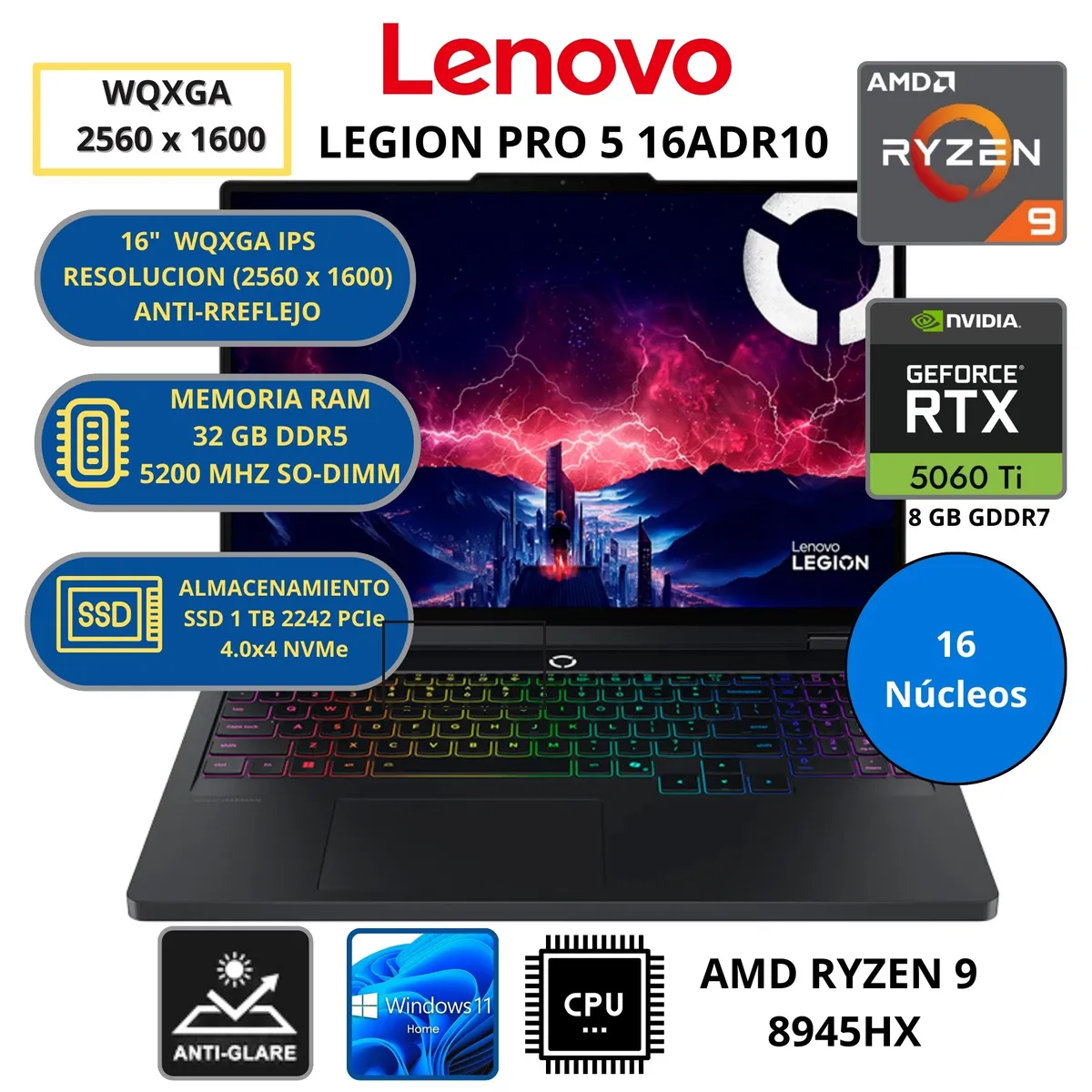 LENOVO - Laptop Lenovo AMD RYZEN 9 (LEGION PRO 5 16ADR10) RAM 32 GB SSD 1 TB 16" WQXGA  RTX 5060 con 8 GB GDDR7