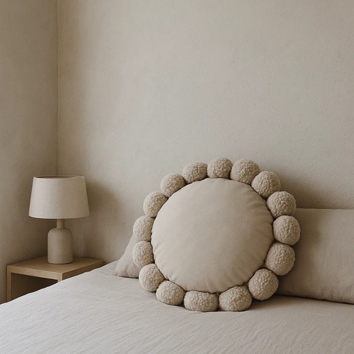 GENERICO - Cojín Circular Suave Pom Pom Beige 40x40 cm