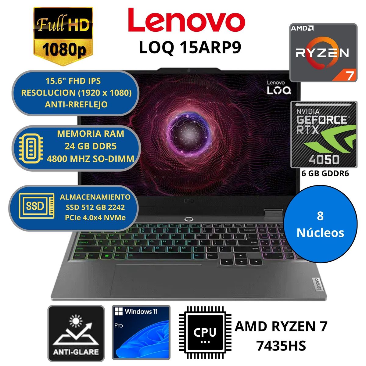 LENOVO - Laptop Lenovo LOQ 15ARP9 AMD RYZEN 7-RAM 24 GB SSD 512 GB 15.6" FHD RTX 4050 con 6 GB GDDR6