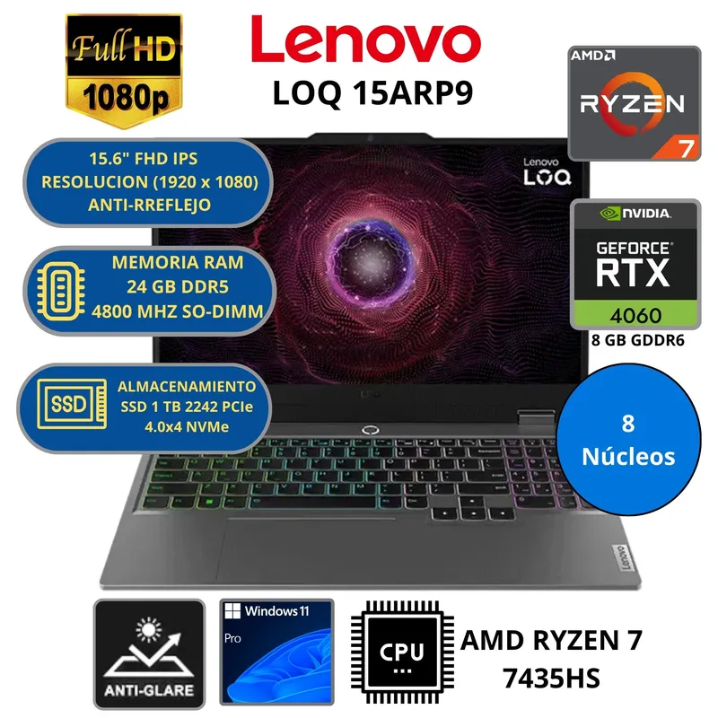 LENOVO - Laptop Lenovo LOQ 15ARP9 AMD RYZEN 7-RAM 24 GB SSD 1 TB 15.6" FHD RTX 4060 con 8 GB GDDR6 WINDOWS 11