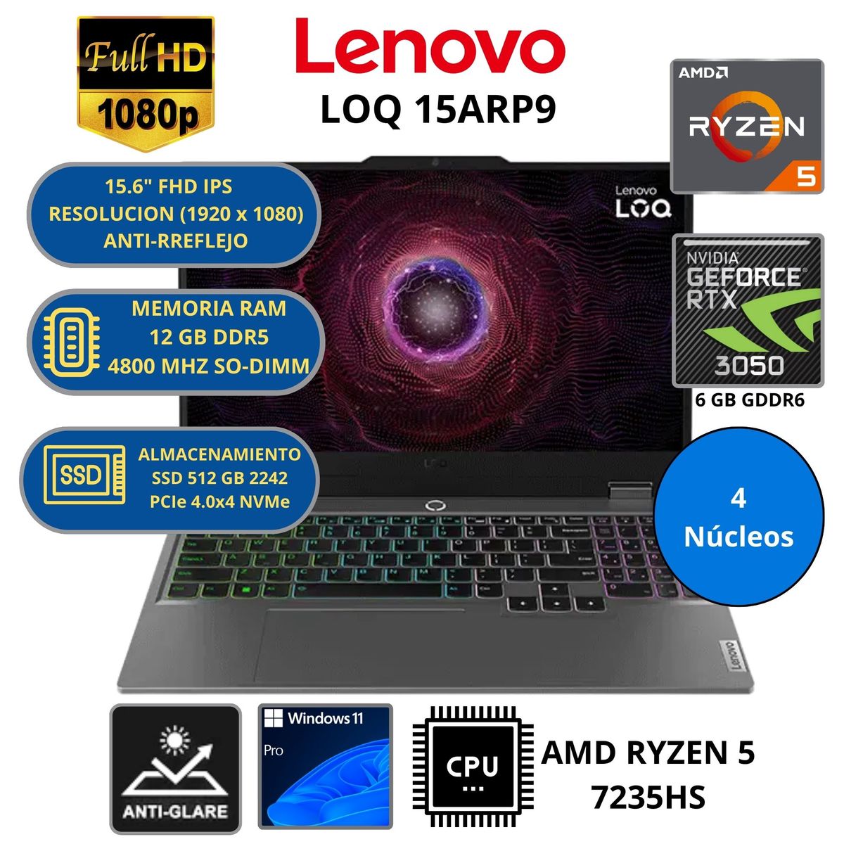 LENOVO - Laptop Lenovo LOQ 15ARP9 AMD RYZEN 5-RAM 12GB SSD 512 GB 15.6" FHD RTX 3050  6 GB GDDR6 WINDOWS 11