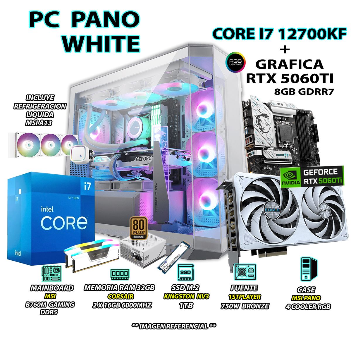 INTEL - Computadora PC Gamer Core i7 12700KF RAM 32GB SSD 1TB GRAFICA RTX 5060TI 8GB