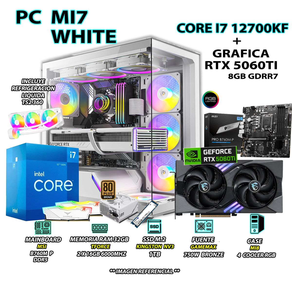 INTEL - Computadora PC Gamer Core i7 12700KF RAM 32GB SSD 1TB GRAFICA RTX 5060TI 8GB