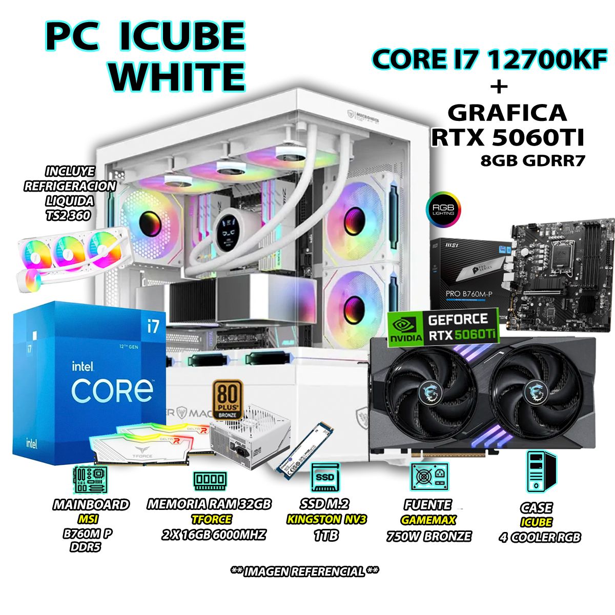 INTEL - Computadora PC Gamer Core i7 12700KF RAM 32GB SSD 1TB GRAFICA RTX 5060TI 8GB