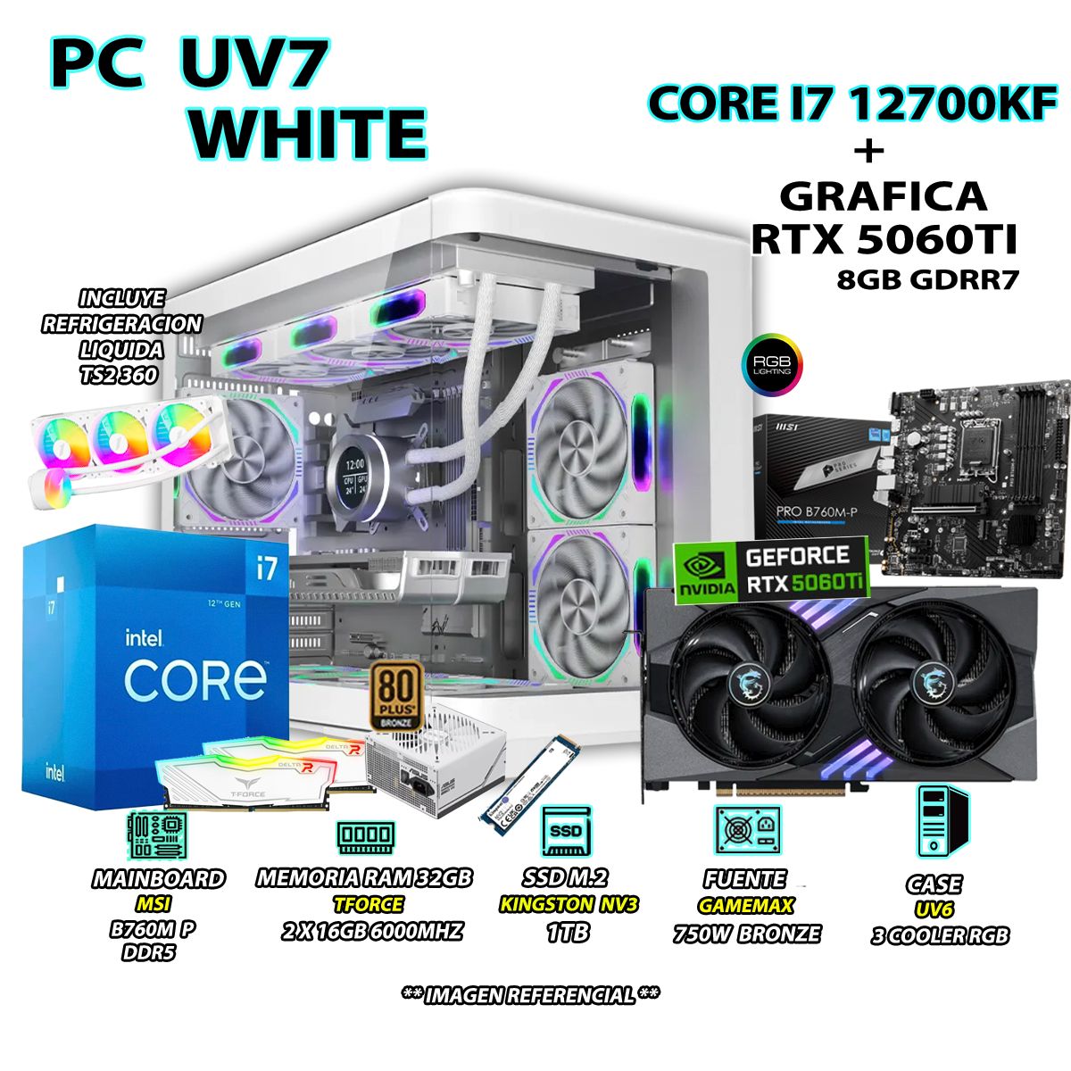 INTEL - Computadora PC Gamer Core i7 12700KF RAM 32GB SSD 1TB GRAFICA RTX 5060TI 8GB