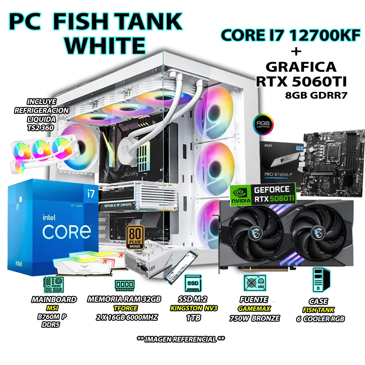 INTEL - Computadora PC Gamer Core i7 12700KF RAM 32GB SSD 1TB GRAFICA RTX 5060TI 8GB