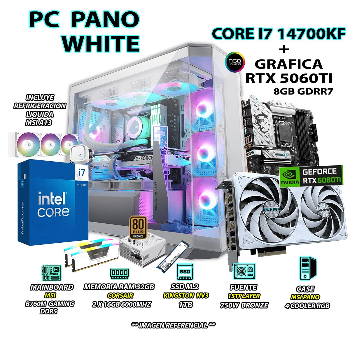 INTEL - Computadora PC Gamer Core i7 14700KF RAM 32GB SSD 1TB GRAFICA RTX 5060TI 8GB