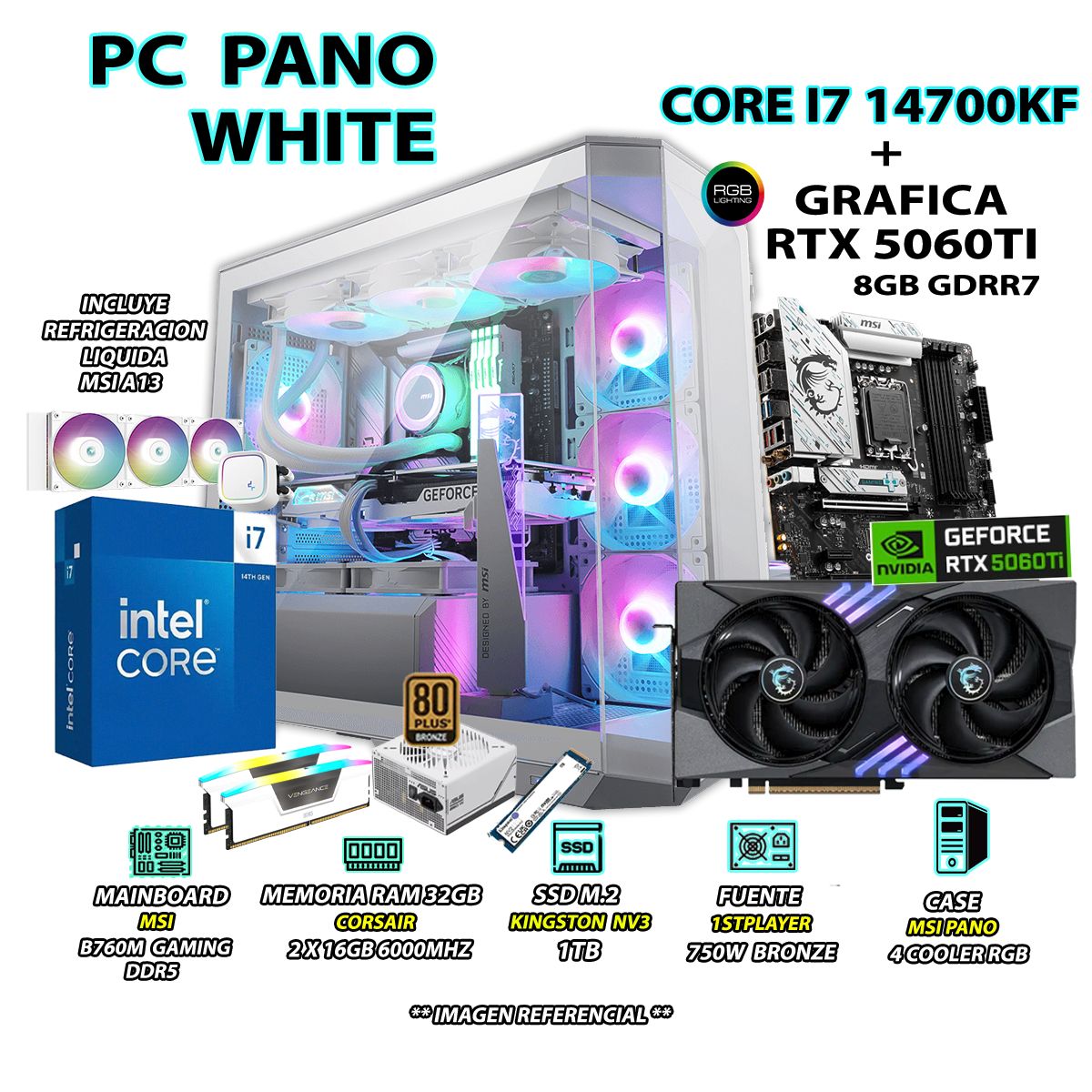 INTEL - Computadora PC Gamer Core i7 14700KF RAM 32GB SSD 1TB GRAFICA RTX 5060TI 8GB