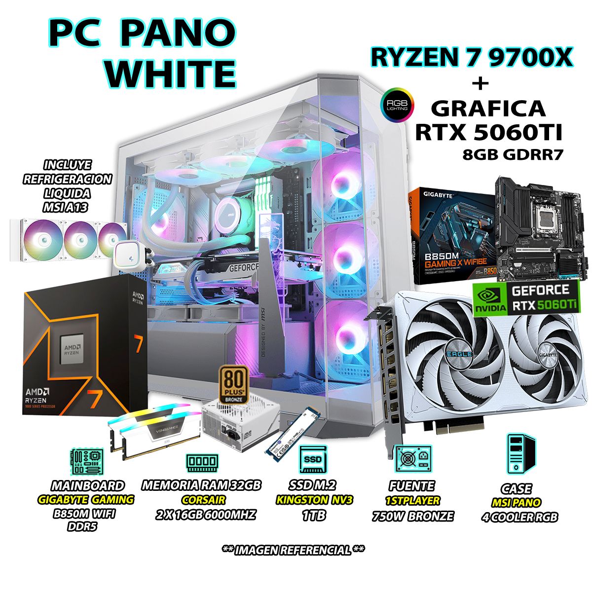 AMD - Computadora PC GAMER RYZEN 7 9700X RAM 32GB DDR5 SSD 1TB GRAFICA RTX 5060TI 8GB
