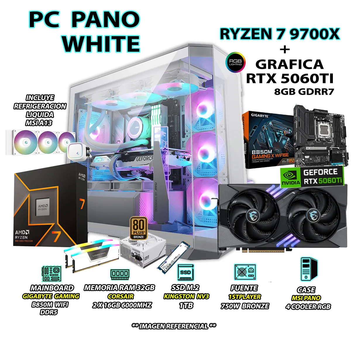 AMD - Computadora PC GAMER RYZEN 7 9700X RAM 32GB DDR5 SSD 1TB GRAFICA RTX 5060TI 8GB