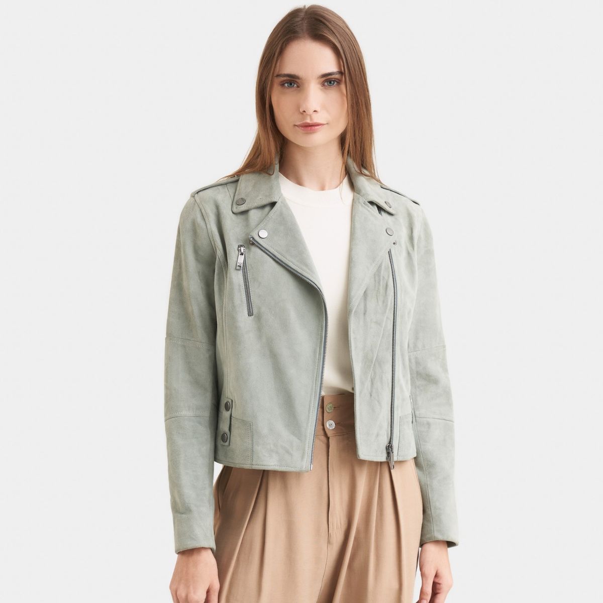 VELEZ - Vélez Casaca Biker En Cuero Gamuza Mujer Fit  Agua Marina