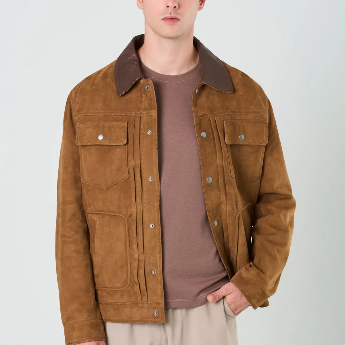 VELEZ - Vélez Casaca Aron En Gamuza Hombre Detalle Cuero Cafe Claro