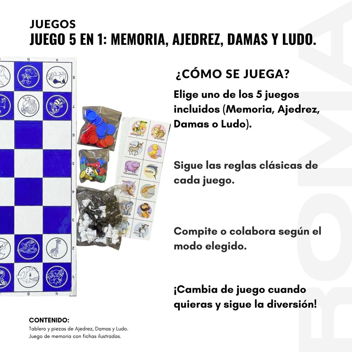 GENERICO - KIT EDUCATIVO JUEGO 5 EN 1 MEMORIA AJEDREZ DAMAS Y LUDO