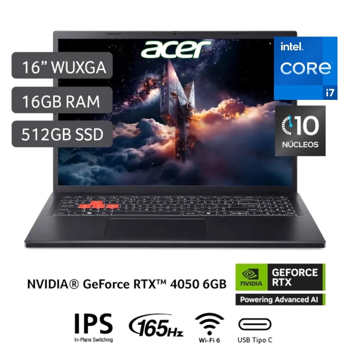 ACER - Laptop Gamer Acer Intel Core i7 13620H RTX 4050-6GB 16GB RAM 512SSD 16 WUXGA Win11