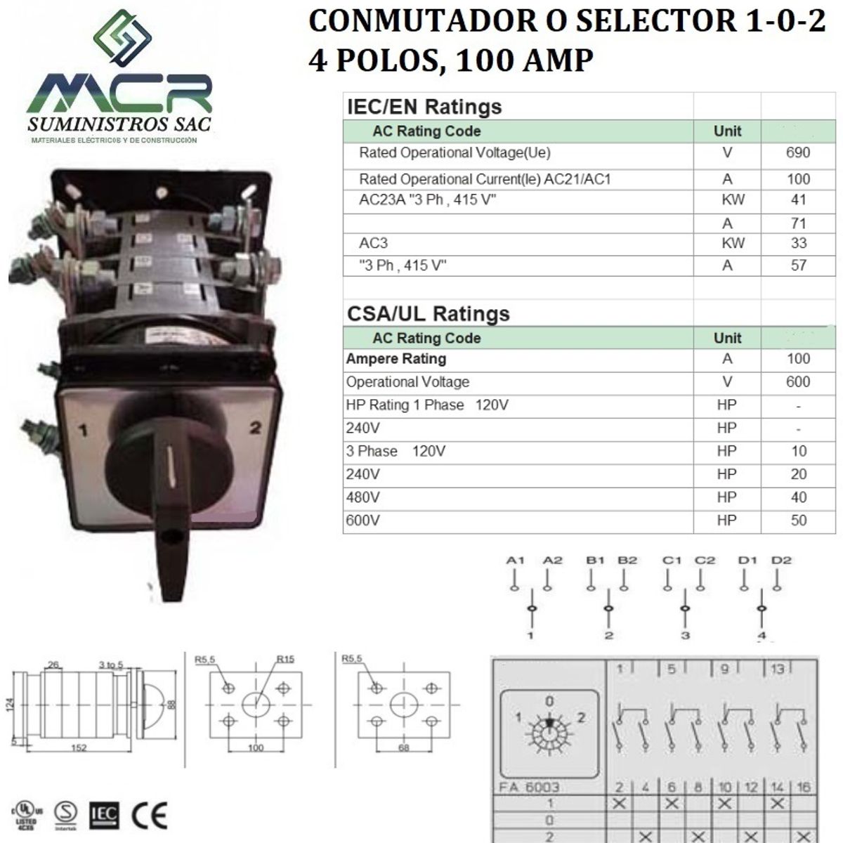 GENERICO - CONMUTADOR O SELECTOR 1-0-2, 4 POLOS, 100AMP