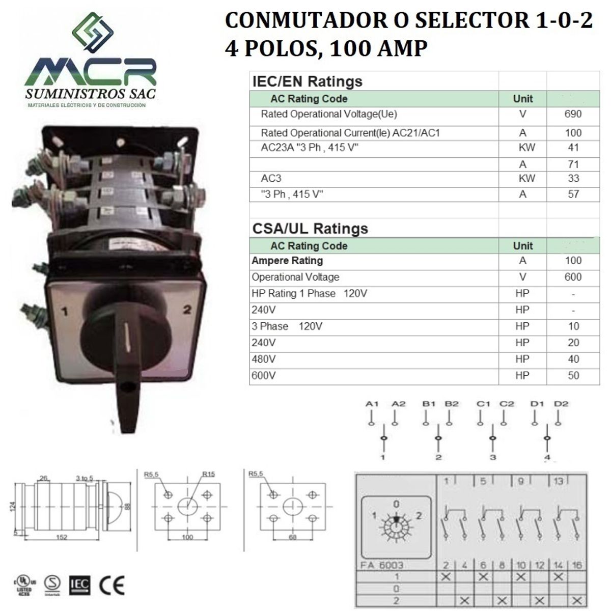 GENERICO - CONMUTADOR O SELECTOR 1-0-2, 4 POLOS, 100AMP