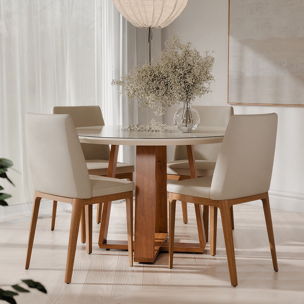 PAZART MUEBLES - COMEDOR 4 SILLAS REDONDO MADERA 1.2 CITY LINO BEIGE