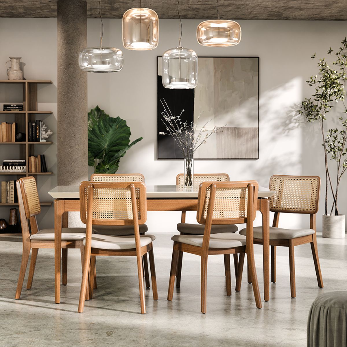 PAZART MUEBLES - COMEDOR 6 SILLAS MADERA RATTAN LINO BEIGE