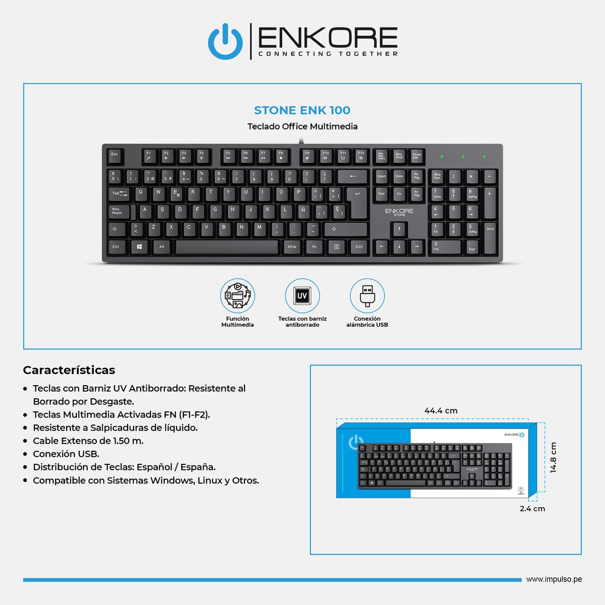 ENKORE - Teclado Oficina Multimedia Enkore Stone ENK K100