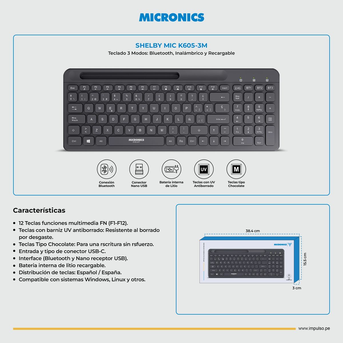 MICRONICS - Teclado 3 Modos: BT/Inalambrico/Recargable Micronics Shelby K605-3m
