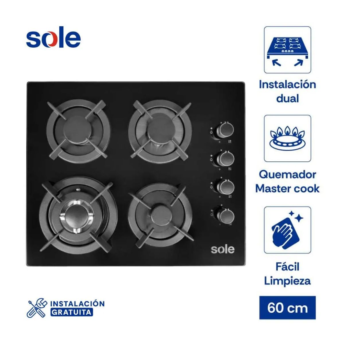 SOLE - Cocina Encimera Vidrio Templado 60cm 4 hornillas Black Sole SOLCO068
